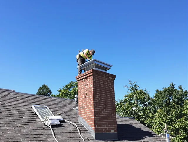 Smithfield Chimney Sweep technician measuring a chimney cap in Smithfield, RI