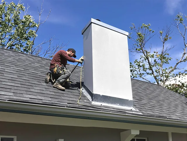 Smithfield Chimney Sweep team member finishing chimney construction in Smithfield, RI