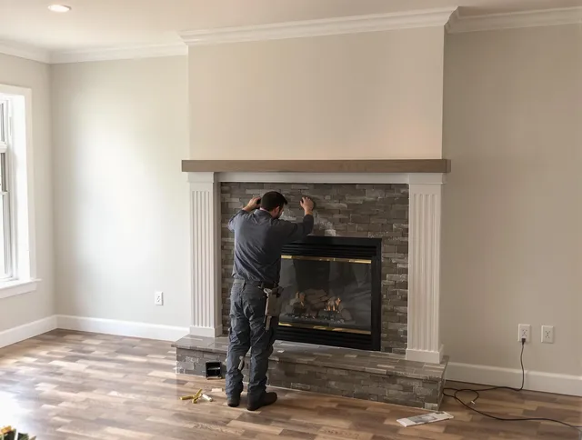 Smithfield Chimney Sweep finishing a custom fireplace install in Smithfield, RI